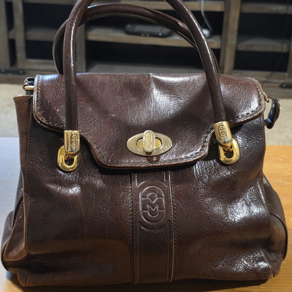 Marino Orlandi Dark Brown Leather Satchel with Gold Hardware Vintage